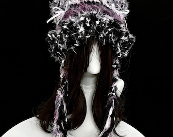 Purple Black Fuzzy Cat Ear Hat | Y2K Grunge Knit Beanie with Braided Tassels