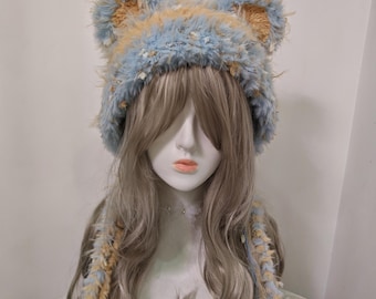 Faux Fur Cat Ear Beanie | Blue & Tan Kawaii Cosplay Hat