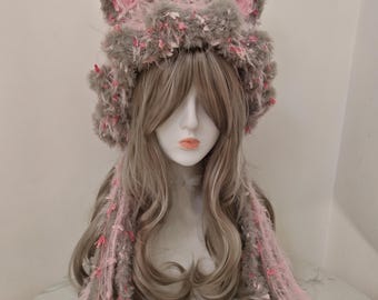 Kawaii Cat Ear Fuzzy Bucket Hat - Pink & Gray Pastel Y2K Harajuku Accessory