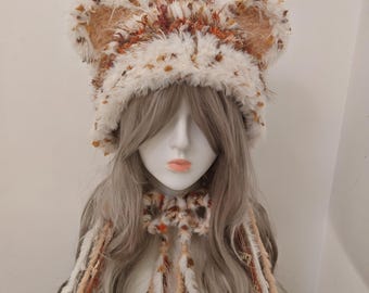 Faux Fur Fox Ear Bonnet | Handmade Rust & Cream Winter Beanie