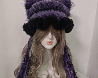 Gothic Cat Ear Bucket Hat – Purple Black Fuzzy Tassels, Witchy Accessory