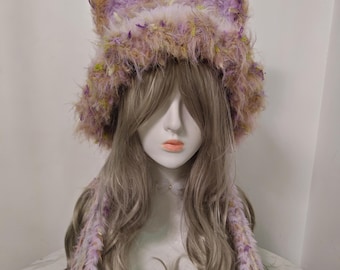 Handmade Fluffy Cat Ear Hat – Kawaii Pastel Purple Furry Hood