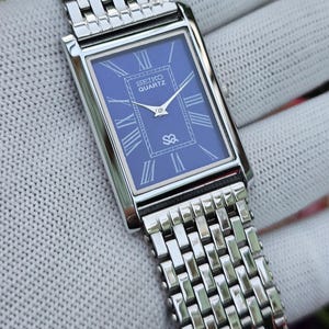 Refurbished Seiko Quartz Tank Slim Blue Dial Vintage Rectangular Dress Watch Roman Numeral Dial