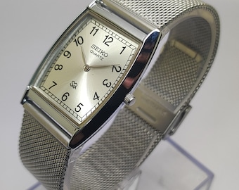 Vintage Seiko Quartz Rectangle Men Steel Refurbished Japanese Wrist Watch Arabic Numerals