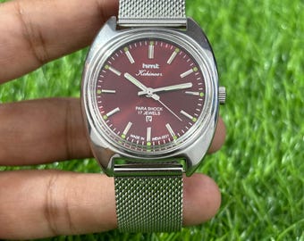 Vintage Hmt Kohinoor Transparent Back Hand Winding Men Steel 17 Jewles Maroon Dial