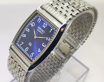 Vintage Seiko Quartz Rectangle Men Steel Refurbished Japanese wrist Watch Arabic Numerals