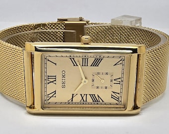 Vintage Seiko Sub Second Quartz Tank Men Gold Tone Japanese Wrist Watch Golden Dial