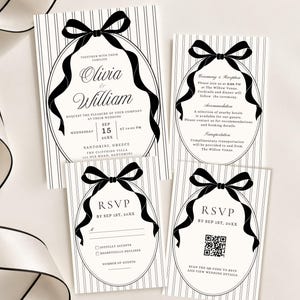 May include: A set of four white wedding invitation cards featuring black vertical pinstripes and a black ribbon bow graphic framing an oval border. The text includes names Olivia and William, wedding details, RSVP sections, and a QR code for digital responses.