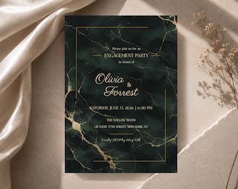 Uitnodiging verlovingsfeest, smaragdmarmeren bruiloftsuitnodiging, goud elegant ontwerp, bewerkbare canvassjabloon