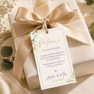 Plantilla editable de etiqueta de bienvenida para bodas, tarjeta de recuerdo para invitados de Canva, imprimible de Avery, inserto para bolsa de hotel, nota para evento en destino, agradecimiento personalizado