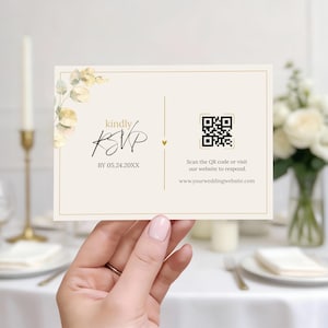 QR Code Wedding RSVP Card Gold Naturally Template Editable Canva Insert Floral Response Download