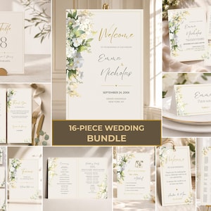 Pode incluir: Um conjunto de papelaria de casamento de 16 peças em papel creme com texto dourado e ilustrações florais. O conjunto inclui um sinal de boas-vindas, números de mesa, menus, cartões de lugar, cartões RSVP e mapas de assentos com tipografia elegante.