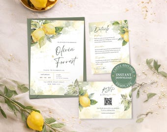 Wedding Invitation Lemon  Set, Mediterranean Italian Summer Citrus Invite, Editable Canva Template, Instant Download