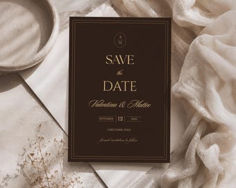 Chocolate Brown Save The Date Card, Luxury Invitation, Editable Canva Design, Instant Download