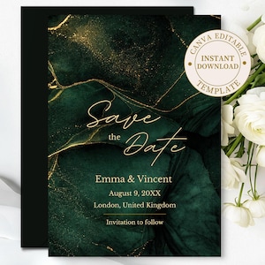 Pode incluir: Elegante cartão Save the Date em verde esmeralda e dourado. O design apresenta um efeito de mármore com detalhes dourados e o texto "Save the Date" em uma escrita elegante. Inclui detalhes do evento e um modelo editável Canva.
