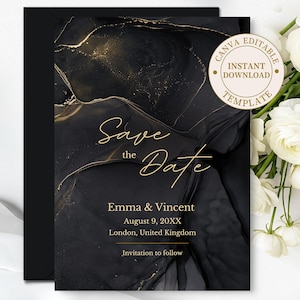 May include: Black and gold Save the Date card with a marble design. The card includes the names Emma & Vincent, the date August 9, 20XX, and the location London, United Kingdom. A circular sticker reads "CANVA EDITABLE, INSTANT DOWNLOAD, TEMPLATE."