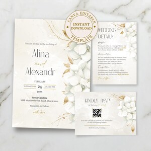 Könnte beinhalten: Hochzeitseinladungs-Set mit floralem Design. Die Einladung enthält die Namen Alina und Alexandr, Datum, Uhrzeit und Ort in South Carolina. Zusätzliche Karten liefern Hochzeitsdetails und RSVP-Informationen.