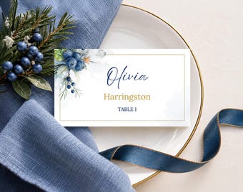 Blue Christmas Place Cards, Editable Wedding Seating, Winter Table Name Tags, Juniper Berry Printable Template, Canva Instant Download