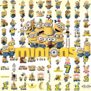 May include: A collection of yellow Minion characters in various poses and outfits, featuring the word minions in large yellow 3D letters across the center. The image includes numerous small illustrations of these characters, some holding balloons, cakes, or numbers, set against a light cream background.