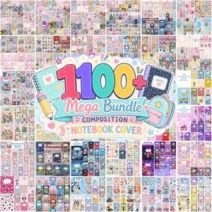 May include: A digital collection of over 1100 composition notebook covers featuring diverse graphic designs, cartoon characters, and patterns. The central graphic displays the text 1100+ Mega Bundle Composition Notebook Cover with illustrations of a pencil, a backpack, and two notebooks.