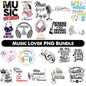 Paquete de imágenes PNG con frases para amantes de la música, diseños de canciones de moda, imágenes prediseñadas de auriculares, gráficos con frases para camisetas.