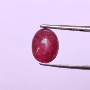 May include: A polished, oval-shaped ruby gemstone held by tweezers. The ruby is a deep, saturated red color with a smooth, reflective surface. The gemstone is a cabochon cut, with a rounded top and a flat bottom.