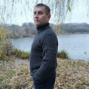 Handmade Gray Merino 100% Wool Sweater XXL - Chunky Knitted Jumper, Roll Neck Fisherman Style, Warm Irish Wool Gift for Men