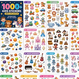 Paquete de más de 1000 pegatinas Kawaii para niños, 20 páginas temáticas, actividad imprimible (descarga digital)