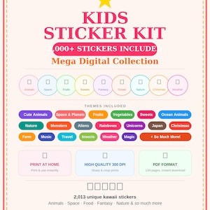 Kids Kawaii Sticker Kit, 2000+ Bundle, Animals, Space, Fantasy (Digital Download)