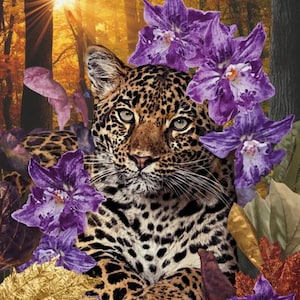 May include: A leopard with a spotted coat is positioned among vibrant purple orchid flowers and golden autumn leaves. The background features a forest scene with tall trees and a bright sunburst shining through the foliage in the upper left corner.