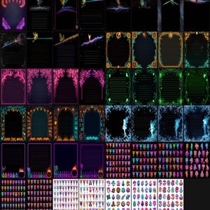 May include: A collection of digital stationery pages featuring dark backgrounds with neon-colored illustrations of fairies, floral borders, magical potion bottles, and intricate patterns. The set includes various lined writing templates and sticker sheets.