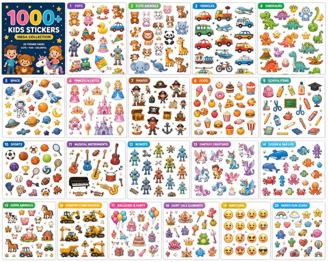 Sticker Page Kids 1000+ Kids Kawaii Sticker Bundle, 20 Themed Pages, Printable Activity ...
