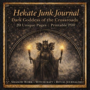 May include: A digital art print for a junk journal. The image features a central figure of a woman with three faces, holding torches. The text reads "Hekate Junk Journal" and "Dark Goddess of the Crossroads". Additional text includes "20 Unique Pages | Printable PDF".