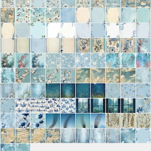 May include: A collection of decorative paper sheets featuring various blue-toned designs, including floral patterns, vintage illustrations, clouds, birds, butterflies, musical scores, and scenic landscapes, presented in a grid layout.