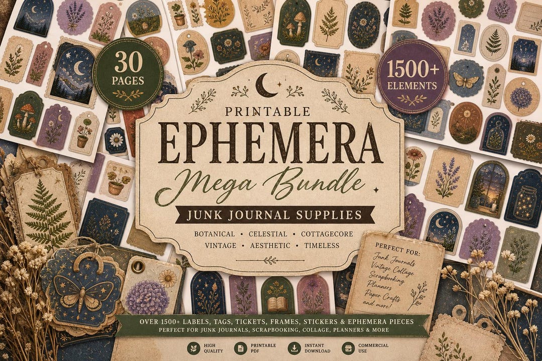 Fairy Junk Journal Kit, Vintage Ephemera Bundle, Cottagecore Scrapbook ...