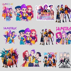 Peut inclure: Plusieurs autocollants colorés avec des illustrations de style anime d'un groupe de filles et les textes "HUNTRAX" et "KPOP DEMON HUNTERS". Les autocollants présentent des personnages dans diverses poses et tenues.