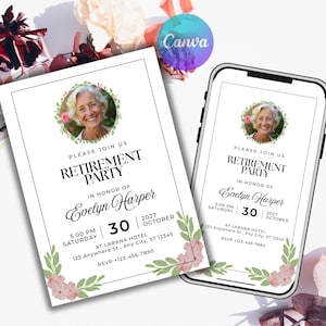 Könnte beinhalten: Eine gedruckte Einladung zur Ruhestandsfeier und ein Smartphone, das dieselbe digitale Einladung anzeigt. Beide zeigen ein kreisförmiges Foto einer lächelnden Person, florale Akzente und den Text: Please join us, Retirement Party, Evelyn Harper.