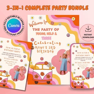 Könnte beinhalten: Ein 3-in-1 Party-Komplettpaket mit Geburtstagseinladung, Willkommensschild und mobiler Einladung. Die Designs zeigen einen gewellten Hintergrund in Pink und Orange, Gänseblümchen, Friedenszeichen und eine Retro-Van-Grafik mit dem Text "Young, Wild & Three".