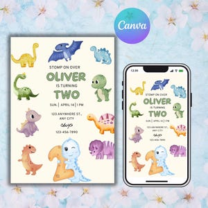 Könnte beinhalten: Eine Geburtstagseinladungskarte und ein Smartphone mit demselben Design, das Aquarellillustrationen verschiedener bunter Dinosaurier und den Text zeigt: STOMP ON OVER OLIVER IS TURNING TWO SUN. APRIL 14 | 1 PM 123 ANYWHERE ST., ANY CITY rsvp 123-456-7890.