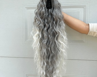 Gray Clip- Ponytail 30" #T403-1001 Wrap Around  Extension Synthetic Hair