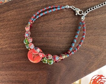 Pulsera de dos capas con pájaros rojos de estilo retro, hecha a mano en cristal checo.