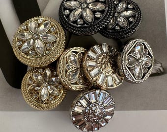 Lote de 6 botones grandes de cristal con forma de flor para ropa, de metal, redondos y dorados, para coser.