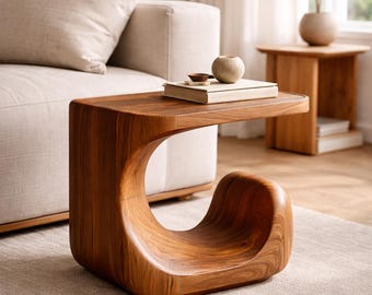 Sculptural Solid Wood End Table – Japandi Organic Modern Furniture