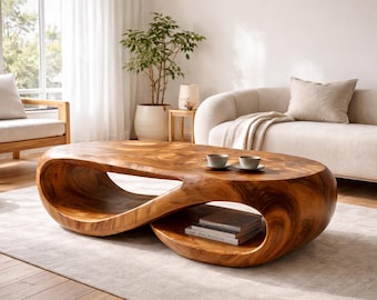 Organic Wood Coffee Table with Storage, Sculptural Japandi Modern Design