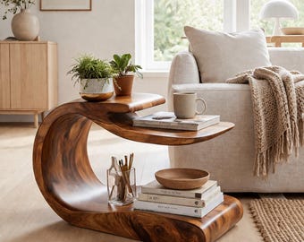 Mesita auxiliar de madera en forma de C con almacenamiento, mesa de centro moderna y orgánica.