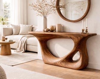 Consola escultural de madera – Diseño orgánico Japandi, mueble moderno y llamativo para la entrada.