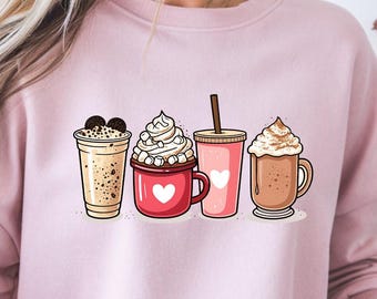 Valentine Coffee Sweatshirt, Cute Heart Mug Lovers Crewneck, Romantic Coffee Lover Gift for Her, Valentine’s Day Gift