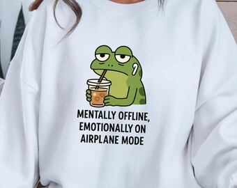 Bluza Mentalnie Offline, prezent dla dbających o siebie, zabawna koszulka z grafiką żaby, bluza z napisem Reset po świętach, bluza z introwertycznym humorem