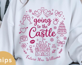 Gepersonaliseerde vrijgezellenfeestshirt, Going to the Castle-sweater voor bruiden, custom themapark ronde hals