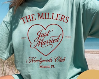 Op maat gemaakte Just Married Honeymoon-club-T-shirts, T-shirts voor heren en comfortkleuren voor stelletjes